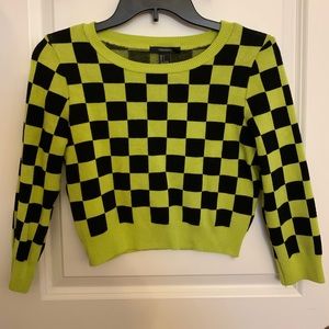 Lime Green & Black Checkered Print Crop Top